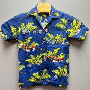 Aloha Republic Hawaiian  Shirt Men S Blue Motorcycle Palm Tree Tropical